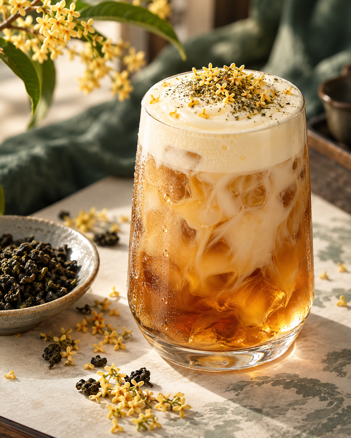 桂花乌龙奶盖茶近景